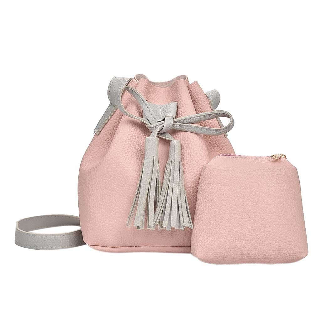 2 stks/set Mode Kwastje Handtas Vrouwen PU Leer Preppy Stijl Emmer Schoudertas String Crossbody Bag sac belangrijkste femme # H15: Pink