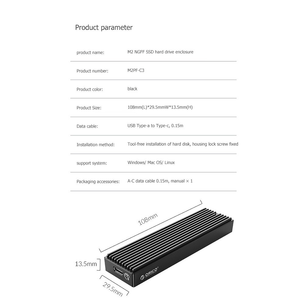 Orico Lsdt M.2 Nvme Ssd Behuizing 10Gbps/5Gbps Aluminium M.2 Nvme Ssd Behuizing USB3.2 GEN2 X2 Type-C Voor M.2 Hdd Tot 2Tb C: 5Gbps M.2 NGFF SSD