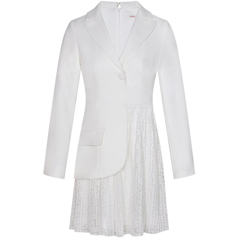 Yigelila herfst witte jurk kantoor dame lange mouwen effen jurk a-lijn turn-down kraag met riem korte jurk 65310: M