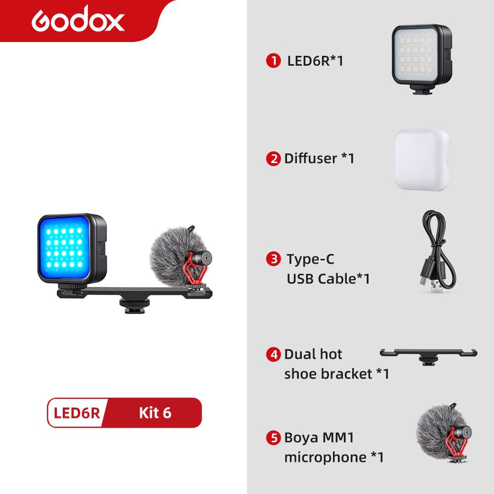 Godox LED 6R RGB Video Licht, dimmbar 0-360 Voll Farbe 3200K-6500K 13 FX Effekte Gebaut-in 1800mAh Li-Ion batterie für Video Licht: Bausatz 6