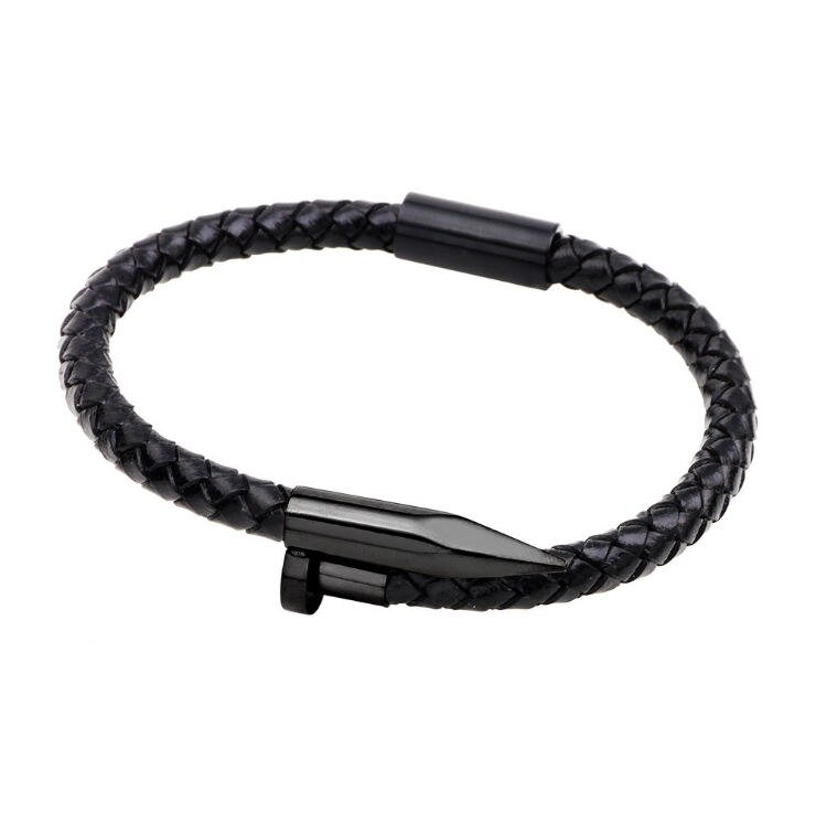 Sort læder reb rustfrit stål søm armbånd til kvinder mænd charm mandlige armbånd: Sort zinkbelagt