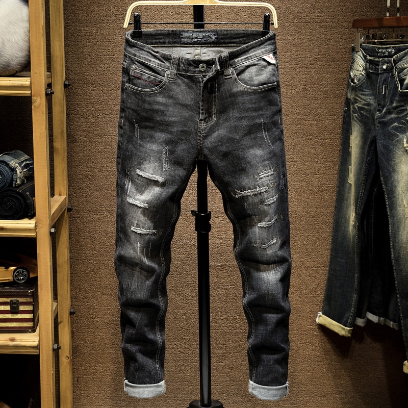 Kstun ripped jeans til mænd slim fit stretch high street style mandlige denimbukser flosset ødelagt vintage herre punk jeans