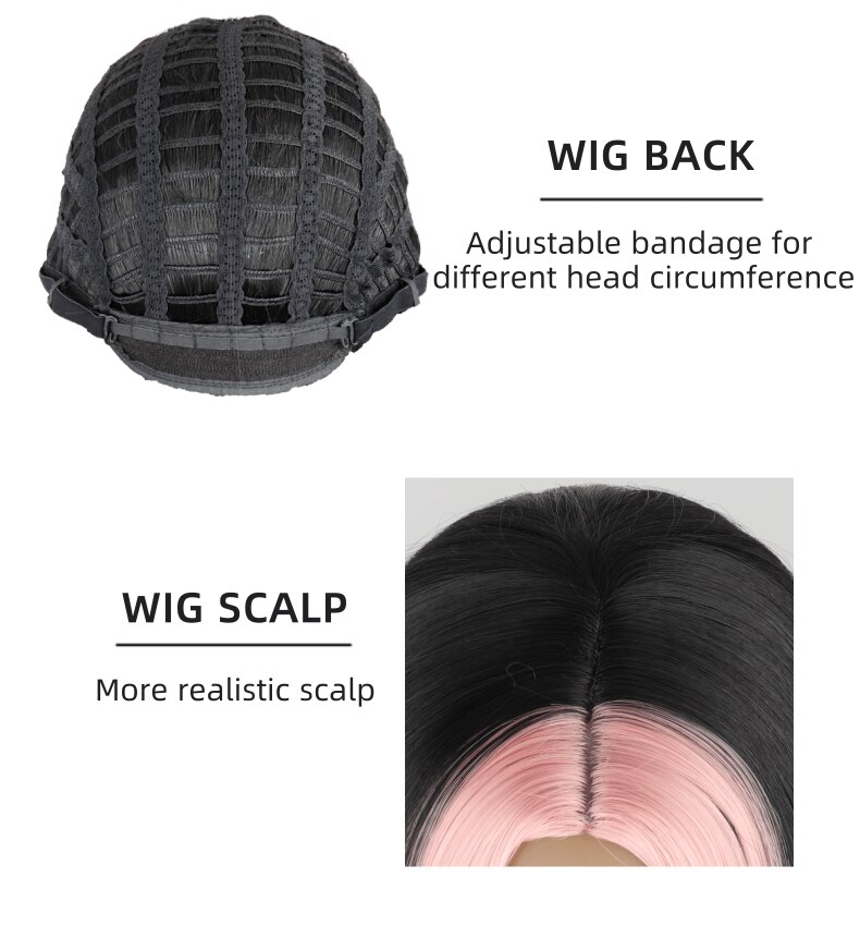 Azqueen zwarte roze lange rechte pruik voor meisjes, roze haar aan beide kanten, middenscheiding, hittebestendige rechte cosplaypruik voor vrouwen