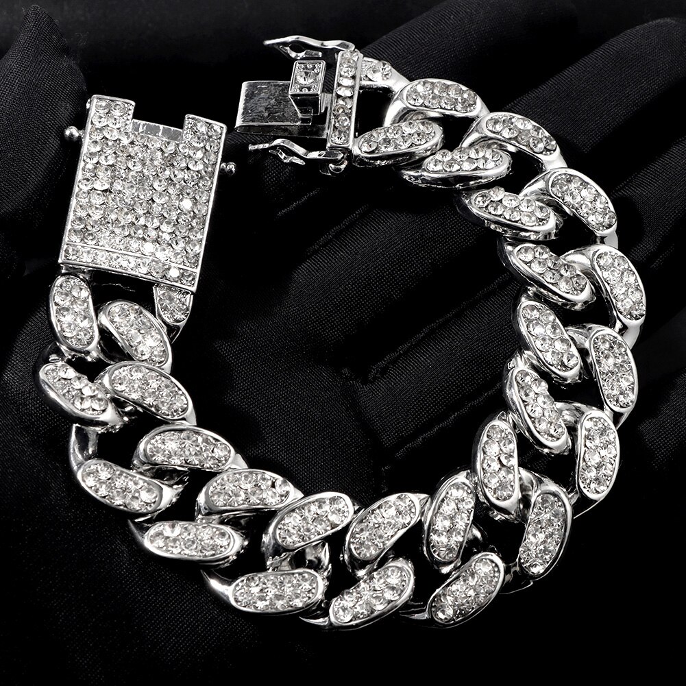 Collana girocollo da donna cubana spessa da 20MM con pavé di strass con strass ghiacciato Bling collane cubane gioielli anca-salto musica rock festa: argento braccialetto