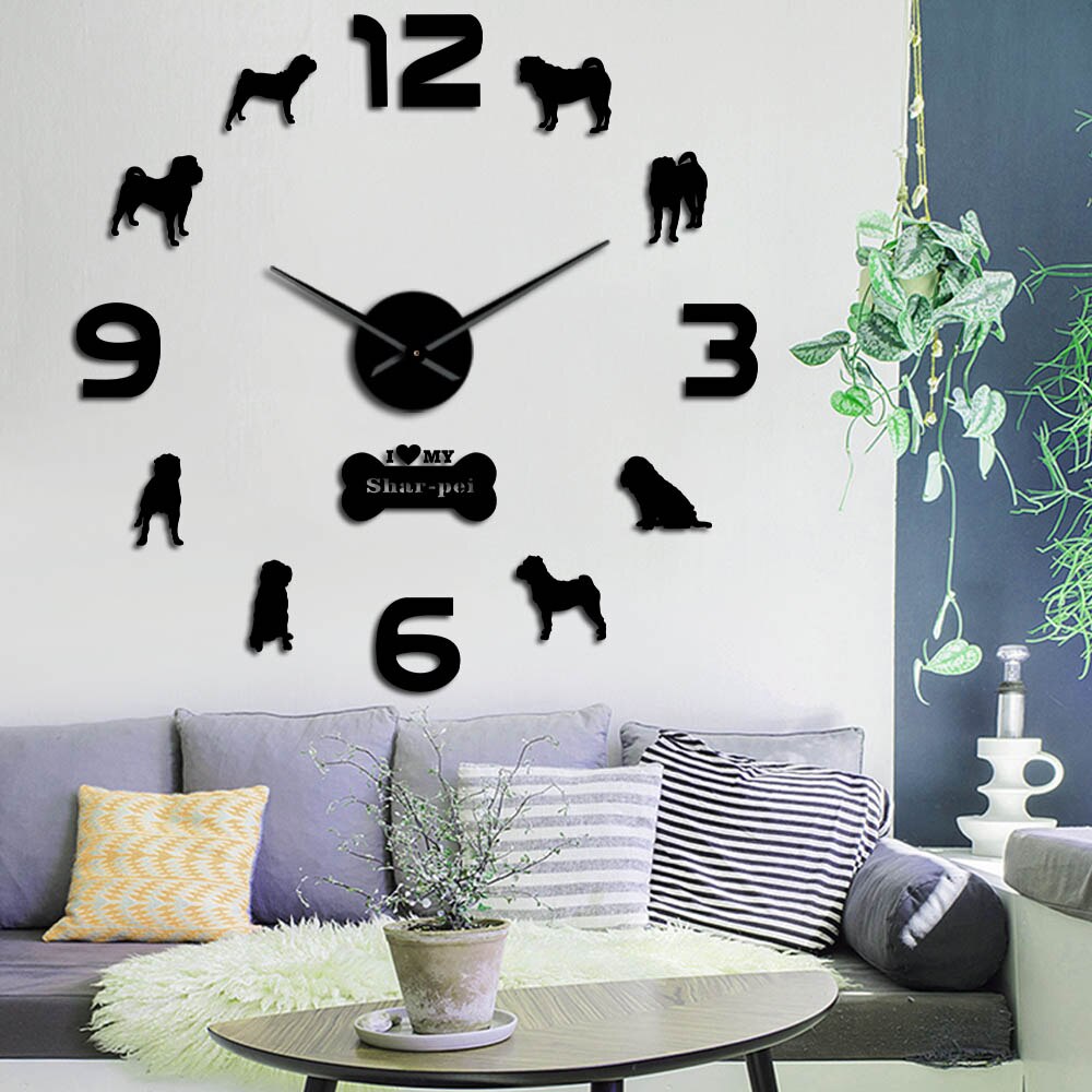 I Love My Shar pei Puppy Dog DIY Giant Wall Clock Dog Breed Large Wall Art Home Interior Decor Shar-pei Modern Silent Wall Watch