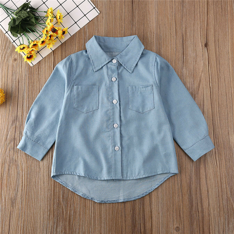 Herfst Peuter Kids Baby Meisje Jongen Shirts Tops Kleding Denim Brief Print Lange Mouwen Button Tops Blauw Warme Jas Shirt lente
