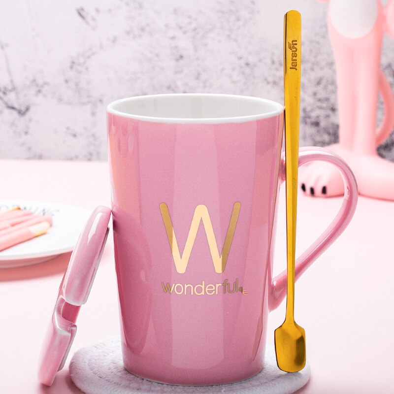 couple ceramic mug with lid spoon trend men and women household drinking cup personality milk coffee tea cup cup: O