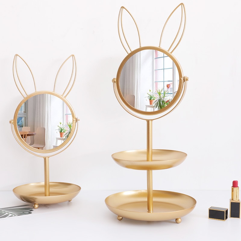 Jern kunst makeup kasse med spejl dobbelt lag smykker arrangør bakke kanin øre kosmetisk arrangør smykker display stativ