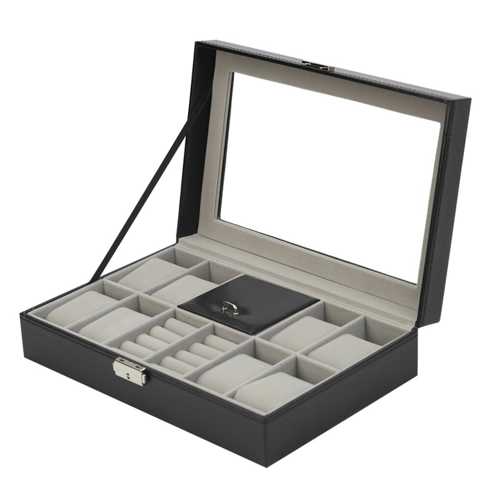 Multi-grids Leather/Carbon Fiber Watch Box winder watch Storage Box glasses Organizer Earrings Rings Jewelry Display Holder: 2