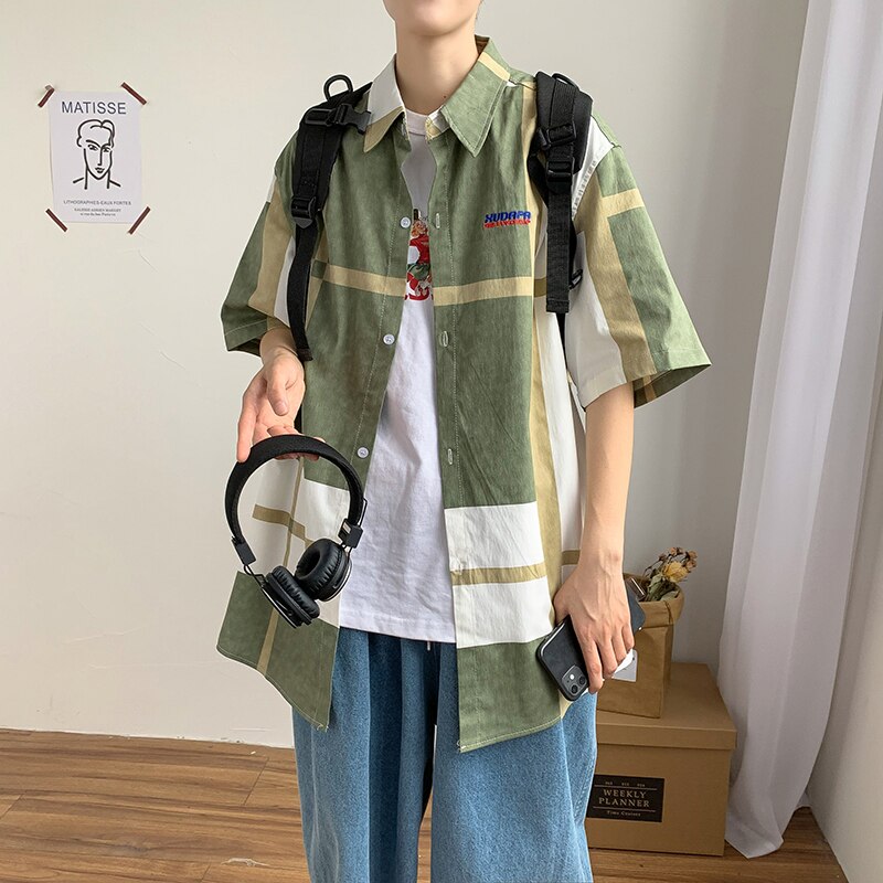 Colorblock Tooling Short-sleeved Shirt Men Korean Business Casual Formal Shirt Harajuku Streetwear Plaid Short-sleeved Shirt: Light Green / XXL