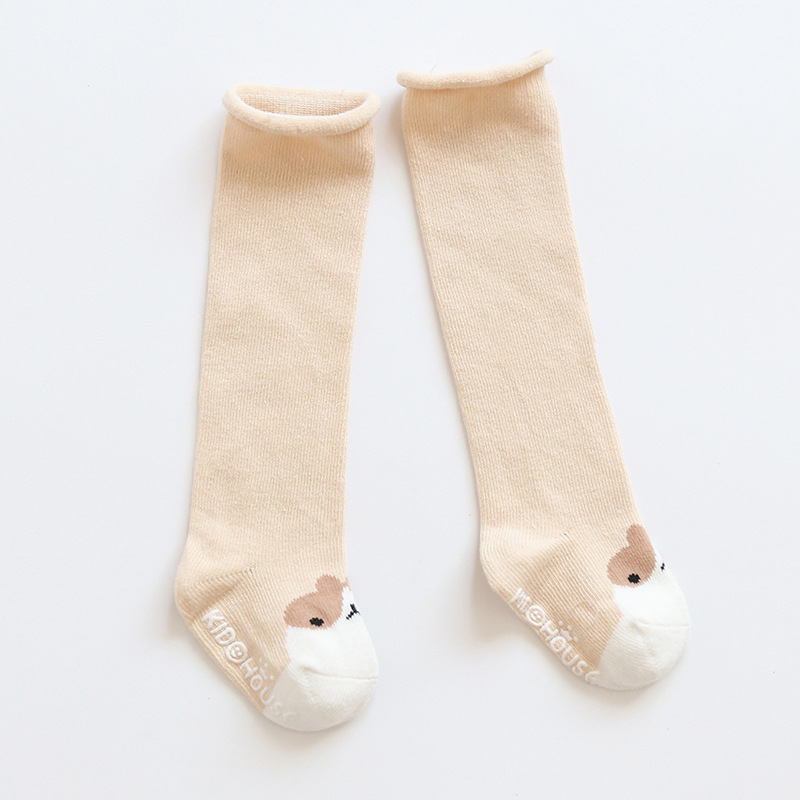 1Pair Cartoon Baby Socks Autumn Winter Baby Over Knee Cotton Socks Non-slip Floor Socks Loose Mouth Curling Toddler Socks: Khaki / S(0-1M)
