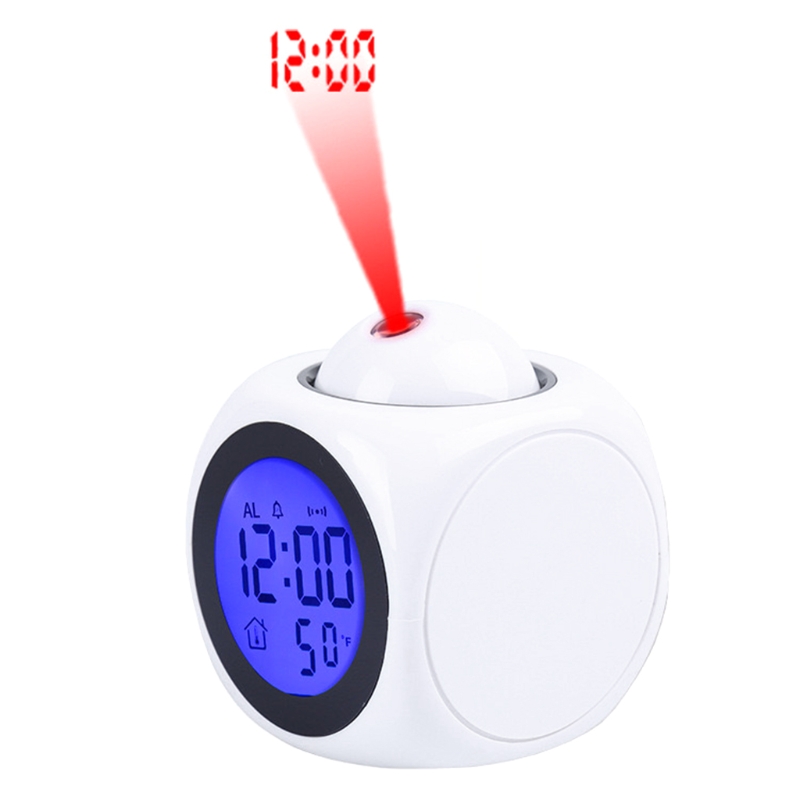 Digitale Wekker Muur Projectie Met Snooze Functie Lcd-scherm Thermometer ℃/℉ Tijd Voice Alarm Led Backlight: WHITE