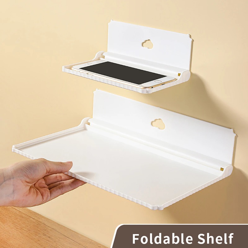 Hvit, sammenleggbar veggmontert hylle uten slagg, brukt til baderom, nattbord, sammenleggbar oppbevaringshylle til mobiltelefon, magisk verktøy