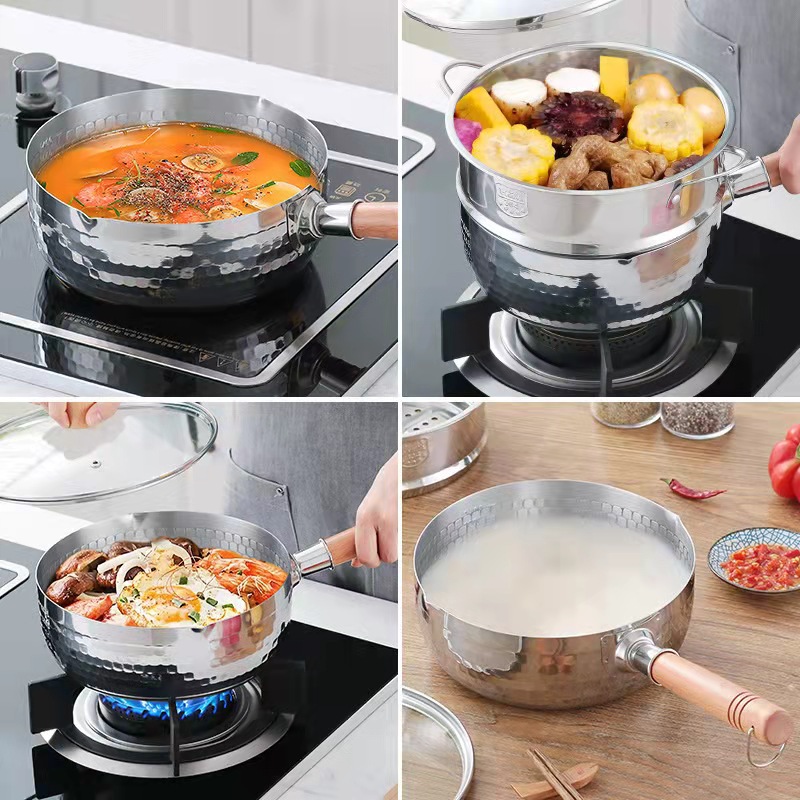 Padella in acciaio inossidabile Padella da neve giapponese Manico in legno Coperchio Pentole per stufato Frittura Wok Pentola per latte Utensili da cucina Pentole pratiche