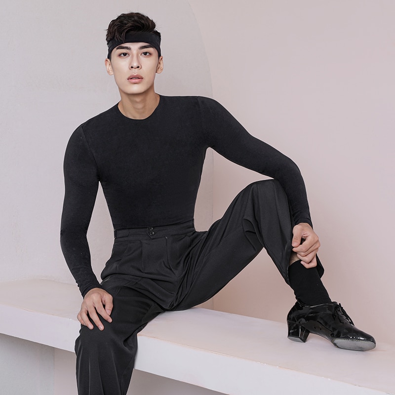 Ropa de baile latino para hombre, camisas suaves y cálidas ajustadas de cuello redondo, ropa de práctica, vestidos de competición de salón Latino SL4435