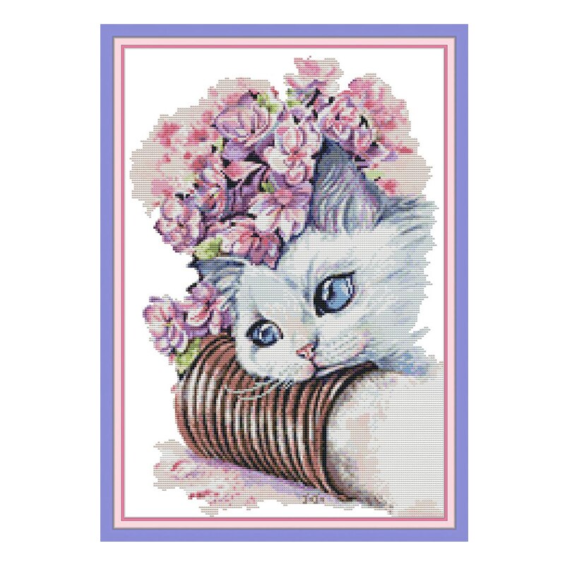 Katt och blomma korsstygn kit aida 14ct 11ct count tryckta canvassömmar broderi gör-det-själv handgjorda handarbete