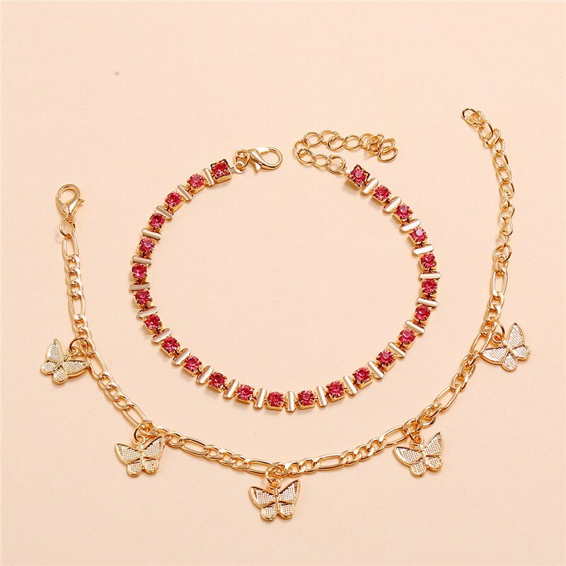 Bracelet de cheville papillon couleur or modyle pour femme, bracelet de cheville en cristal rouge