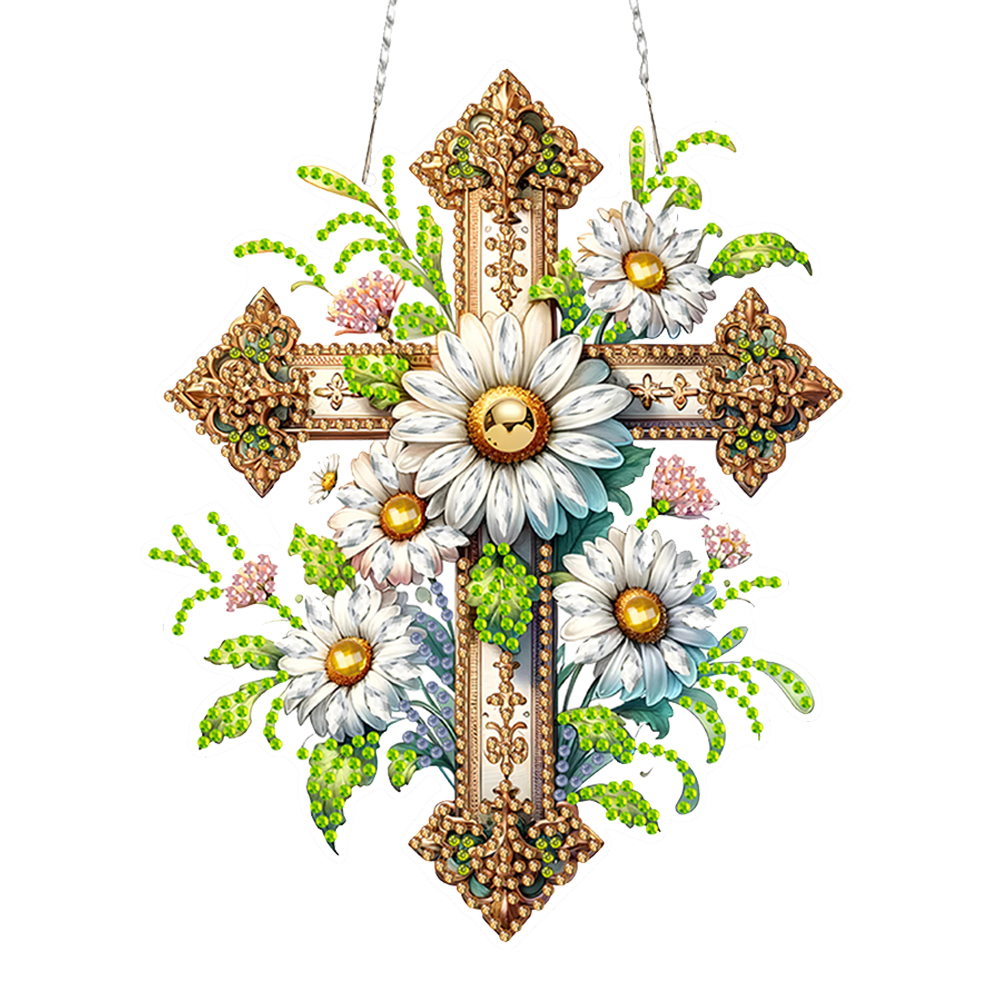 Flowers Cross Diamond Art Hanging Pendant Diamond Painting Home Decor Rhinestone Diamond Art Window Pendants for Window Decor: green