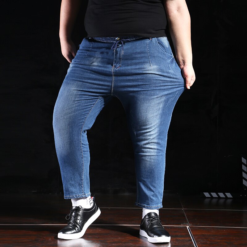 Plus size 6XL Elastic waist Ankle pants men's jeans summer stretch Loose Navy blue Leisure straight large size mid-rise jeans