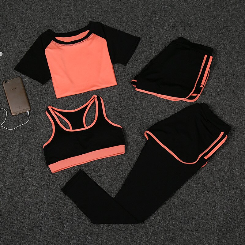 Fitness Suit Women's Summer Fitness Jacket Running Suit Quick-drying Suit Fitness Suit Four-piece Set: Orange / XXL