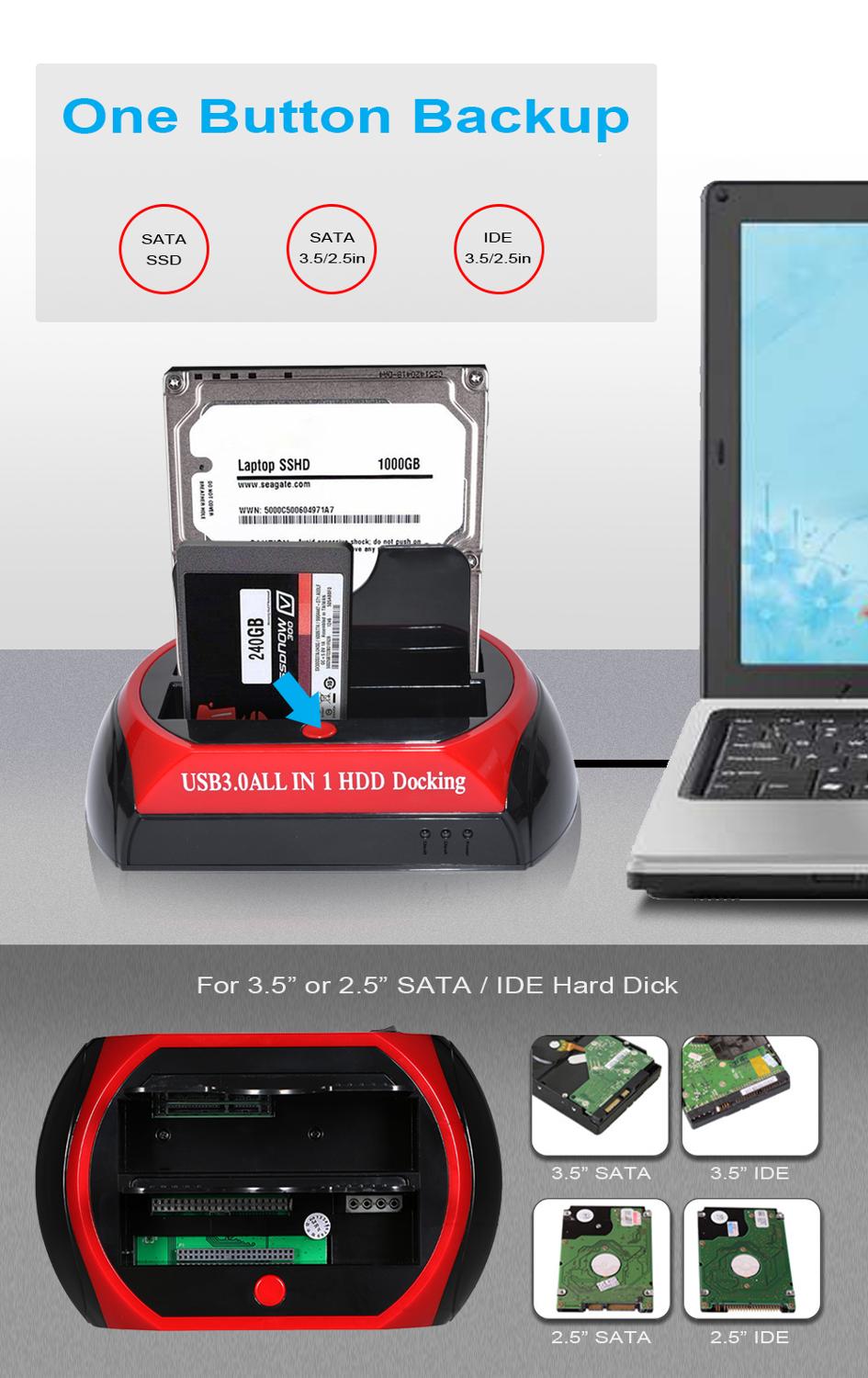 HDD Docking Station USB 3.0/Type C Dual Internal Hard Disk Drive Docking Station HDD Enclosure for 2.5 Inch 3.5 Inch IDE/SATA