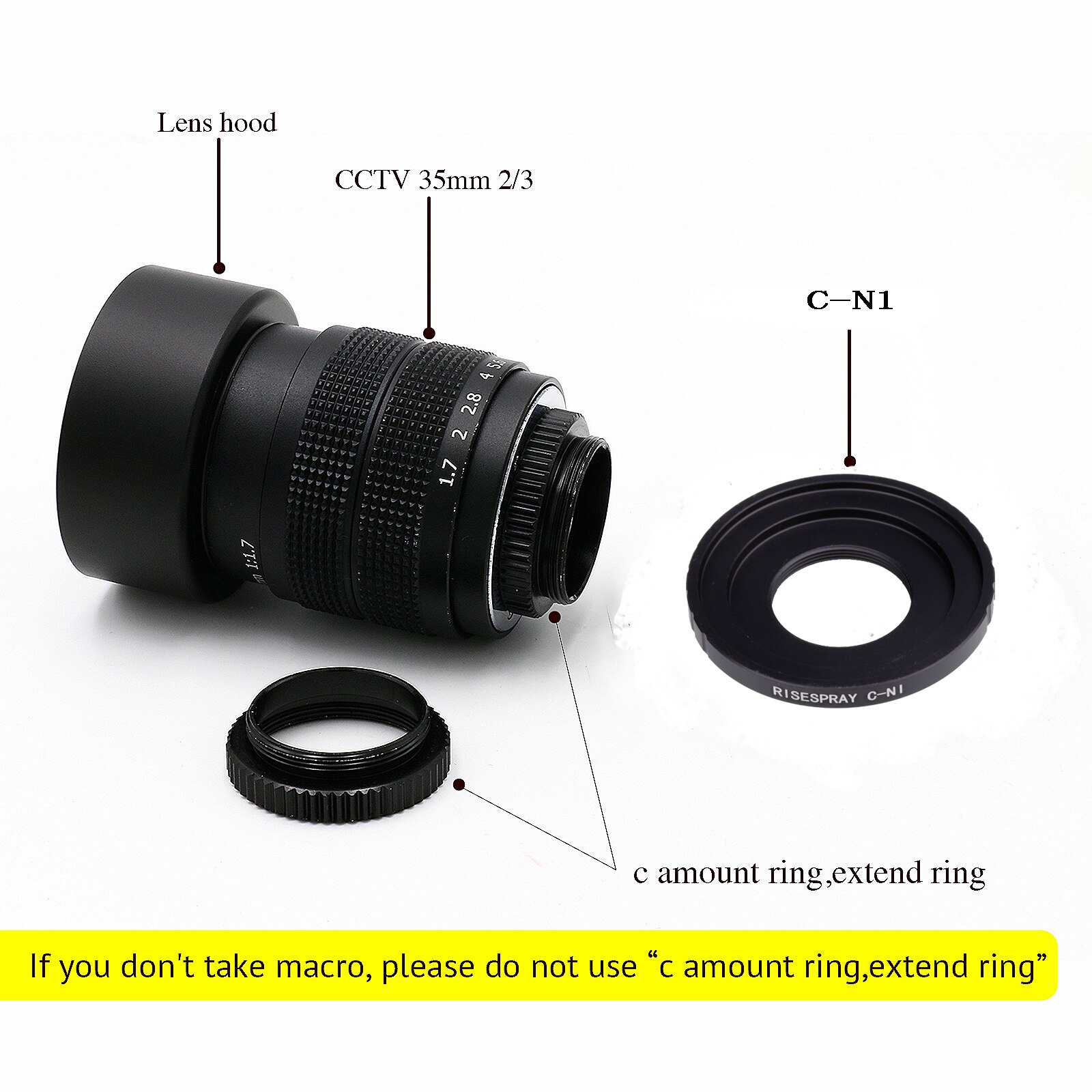Objectif de vidéosurveillance Fujian 35mm f/1.7 APS-C + bague d&#39;adaptation + 2 anneaux Macro + pare-soleil pour caméra sans miroir NIKON1 J1/J2/J3/J4/J5