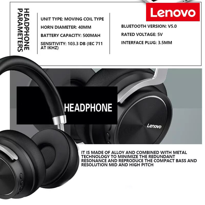 Lenovo HD800 Bluetooth Headset Draadloze Opvouwbare Computer Hoofdtelefoon Lange Standby Leven Met Noise Cancelling Gaming Headset