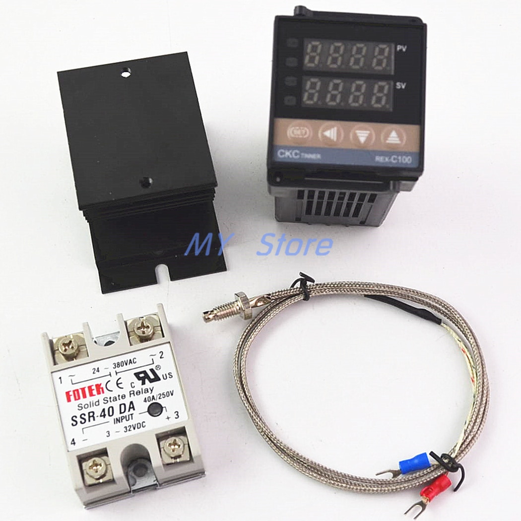 100-240VAC PID REX-C100 Temperature Controller Range 0 to 900C SSR40A K Thermocouple, PID Controller Set + Heat Sink: A