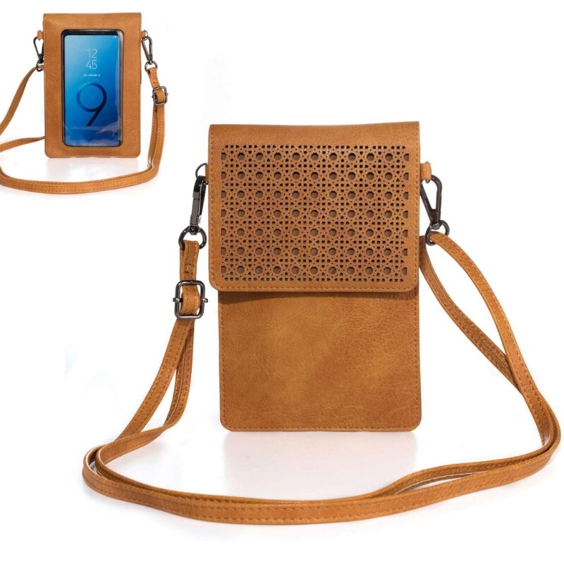 Touch Screen Leather Phone Purse with Clear Window Pocket Shoulder Strap Small Crossbody Bag Women Girls Wallet Pouch: Brown