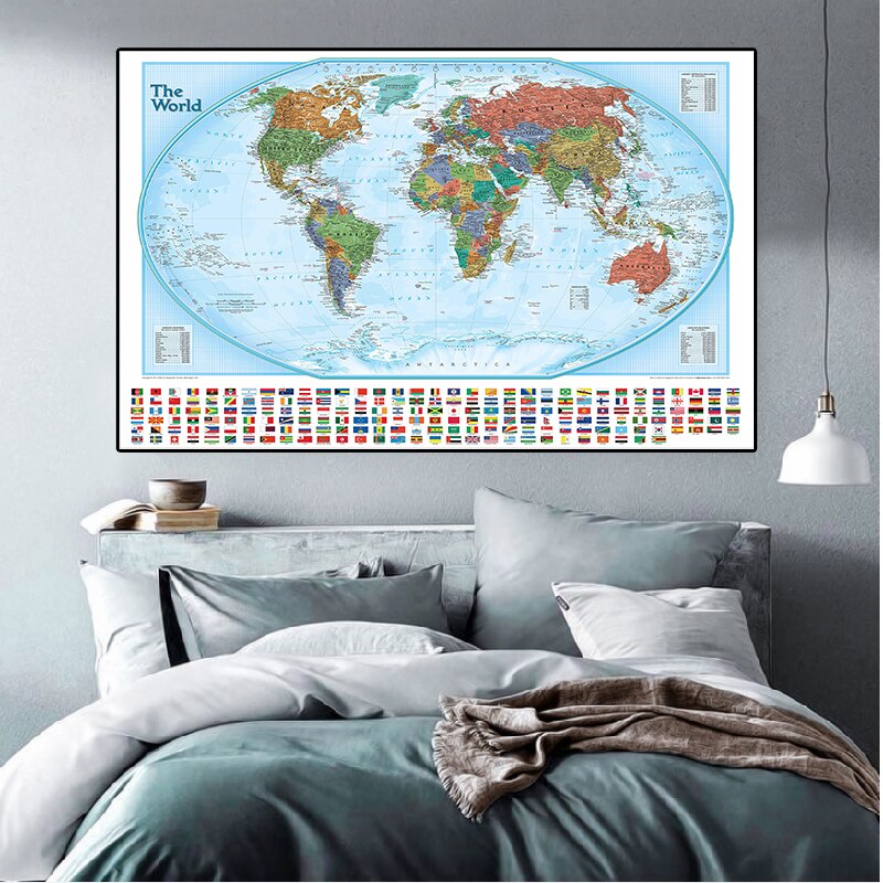 Världskartan med nationella flaggor 150 x 100cm non-woven canvas målning väggkonstaffisch för kultur och utbildning heminredning