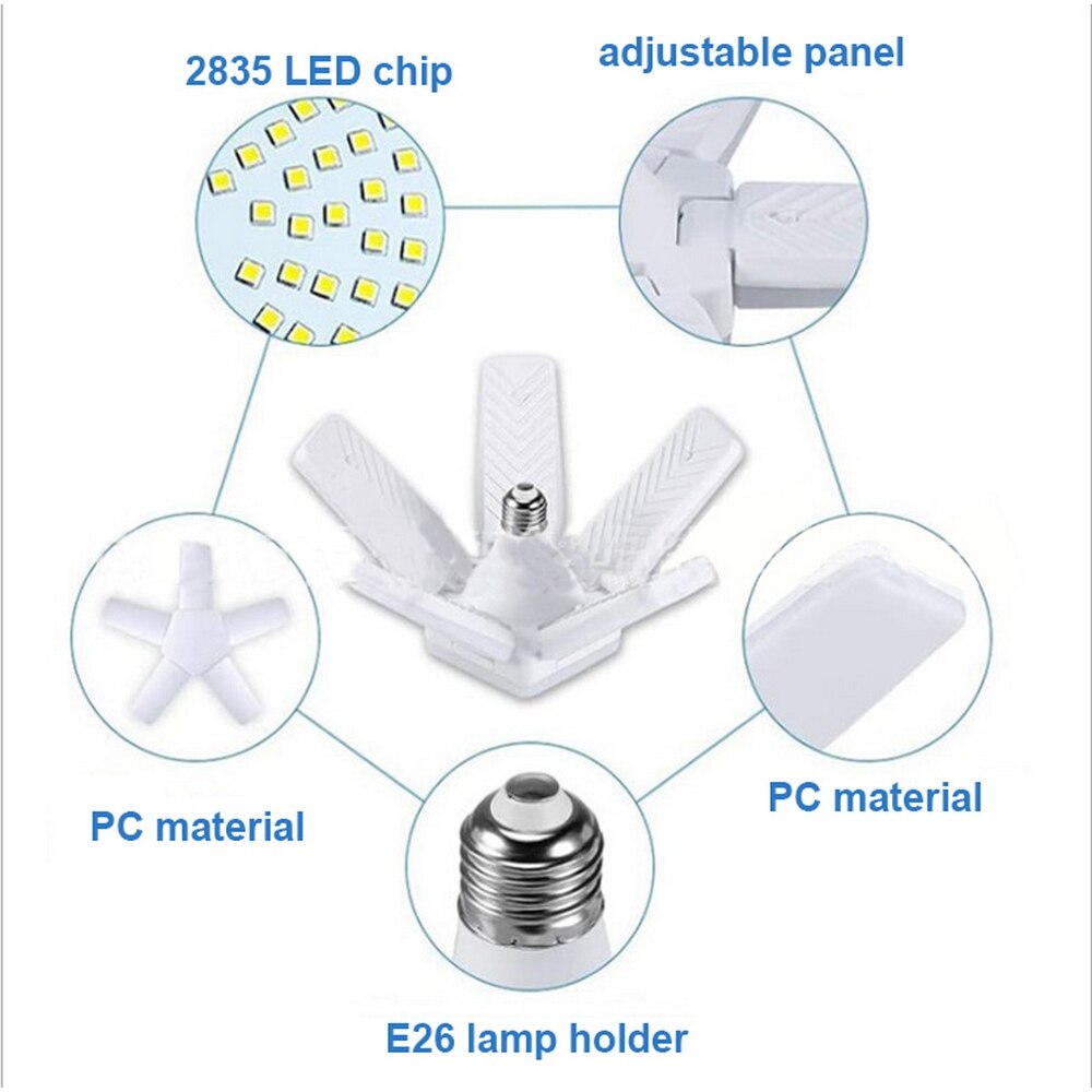 Super Bright Industrial Lighting E26 60W Led Light Bulb Garage 5-leaf Folding Deformable Lamp Fan for Warehouse Workshop Room