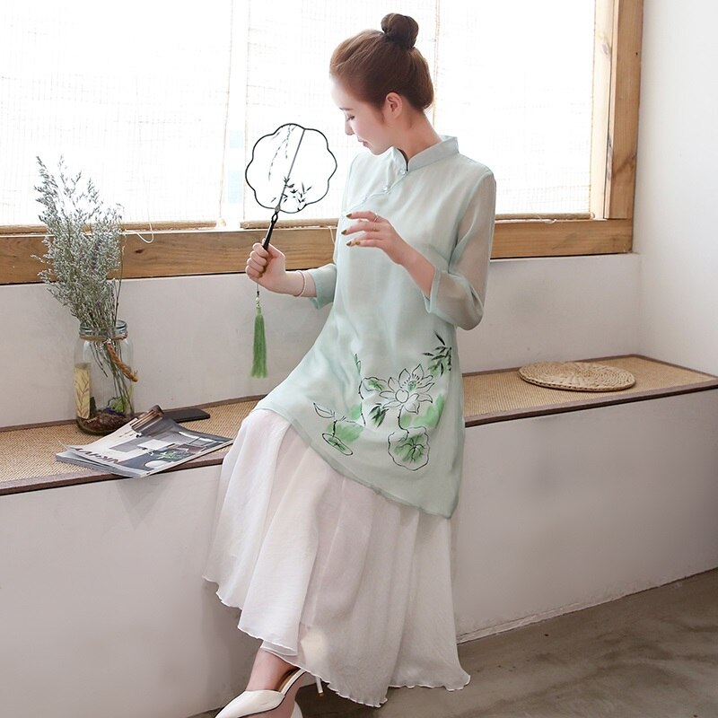 Ensemble 2 pièces Style chinois pour femmes, tenue Cheongsam, haut + pantalon à jambes larges, costume Tang, , été, 11265