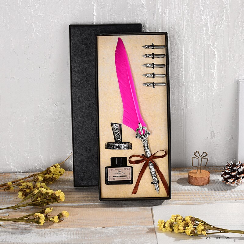 Vintage Antique Feather Dip Pen Metal Nibbed Ink Writing Quill Pen Retro Scrapbooking Feather Pen Set Birthday: 8