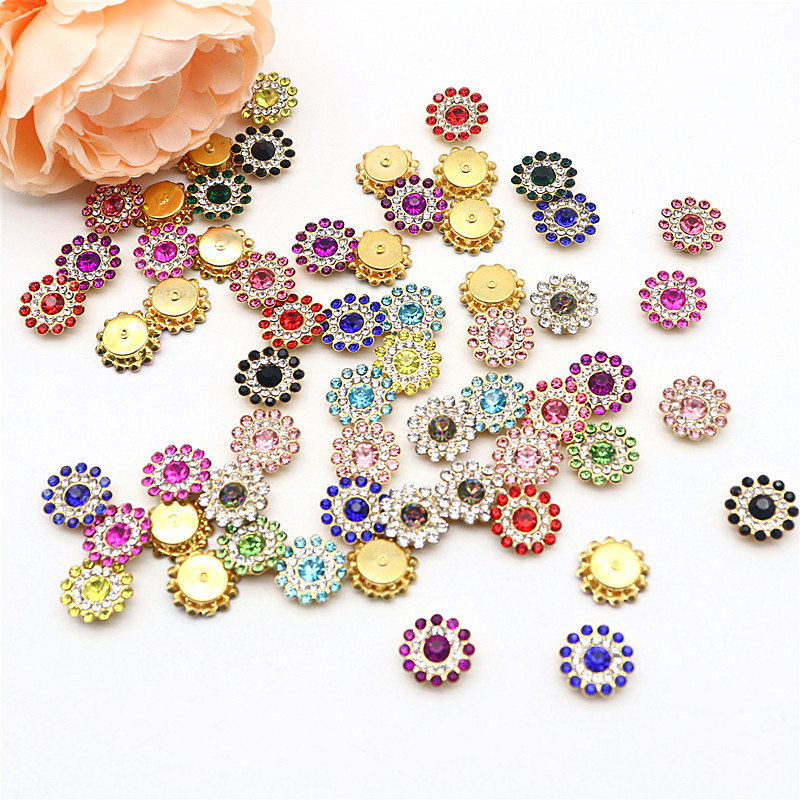 Taladro de flor de sol de 14mm, placa facial redonda cosida a mano, hebilla de taladro hecha a mano, accesorios de cuentas de lazo Diy, diamantes de imitación de doble flor: Dorado / L