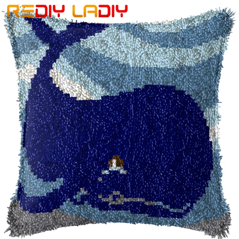 Coussin à Crochet avec baleine bleue, taie d'oreiller en toile pré-imprimée avec fil acrylique, Kit d'oreiller pour canapé et lit, décoration de la maison: BZ797
