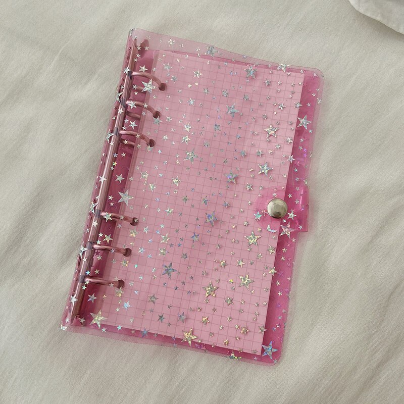 A6 glitter notesbog 6 ringe ringbind løst blad gennemsigtig mappe planlægger kawaii papirvarer journal notesbog kontorartikler: Lyserød stjerne