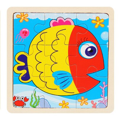 Mini Size 11*11cm Wooden 3D Cartoon Puzzle Jigsaw for Children Kids Cartoon Animal/traffic Puzzles Educational Toy Girl Boy: fish