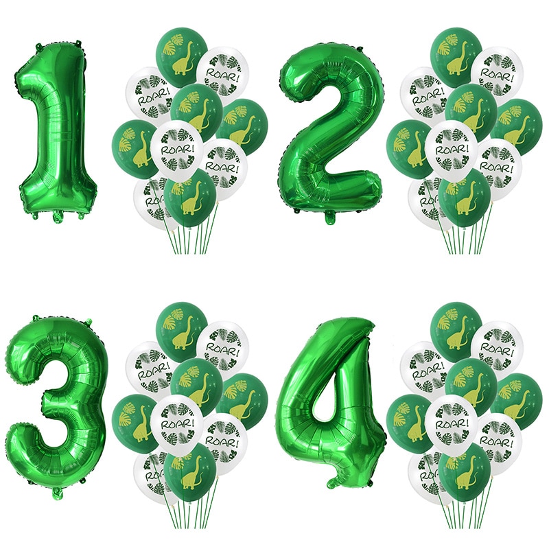 11Pcs Green Foil Number Balloons Dinosaur Latex Balloon Kids Jungle Theme Birthday Safari Forest Party Decorations Baby Shower