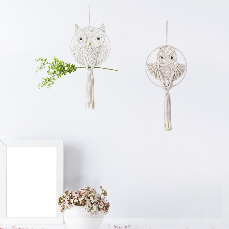 Atrapasueños de búhos, macramé de algodón, colgante para pared de macramé, decoración tejida a mano, amuleto de búho, accesorios de decoración del hogar