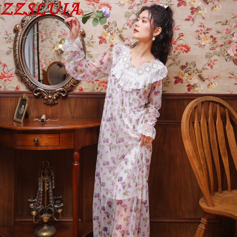 Sweet Floral Printed Mesh yarn Nightgown Dress Lace Long Model Nightdress Ladies Outerwear Dress Retro Homewear