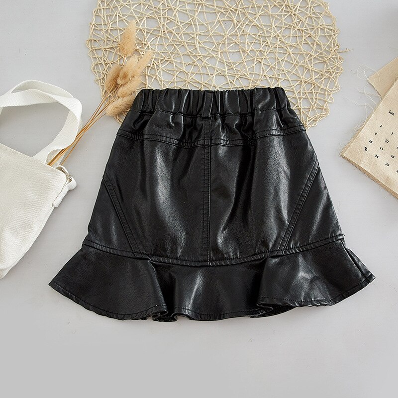 Baby Meisje Rokken Kids Pu Leather Button Effen Kleur Rokken Lente Herfst Ruches Meisjes Prinses Rokken 2-7 Jaar