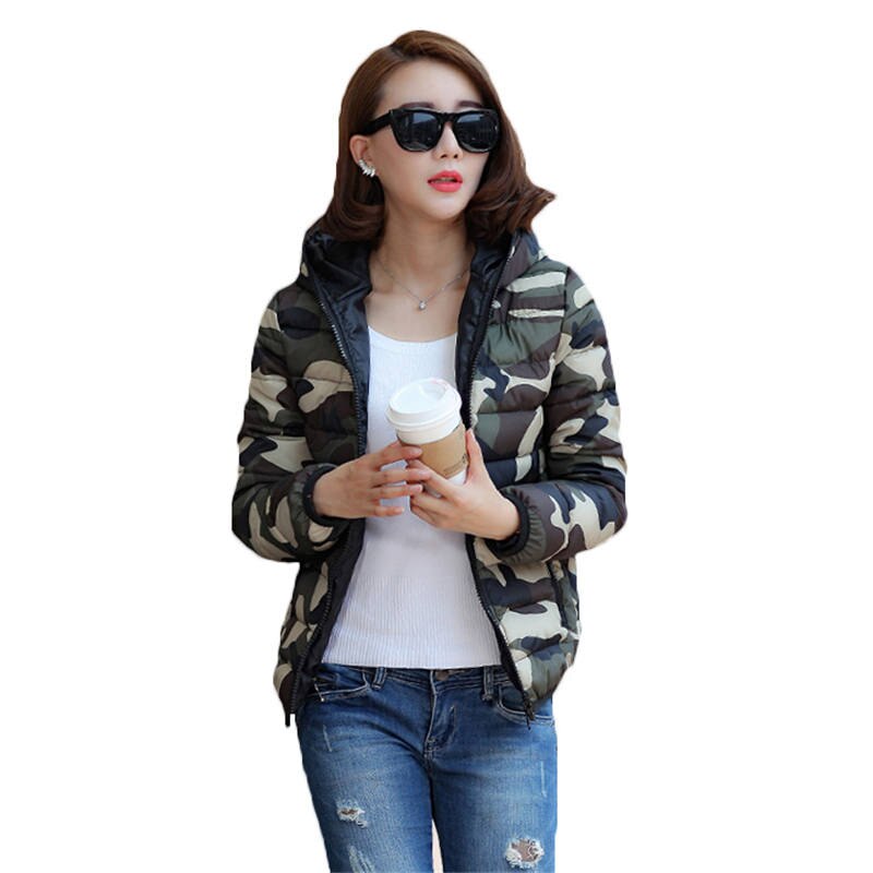 Chaquetón de invierno , chaquetas cortas de algodón con plumas de camuflaje para mujer, abrigo de invierno con capucha, abrigo de talla grande de algodón cálido, ropa 874