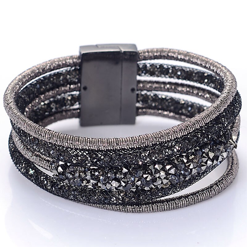 Miasol Unique Multilayer Strands Crystal Charm Magnetic Bracelet Bangle For Women B1966: Black