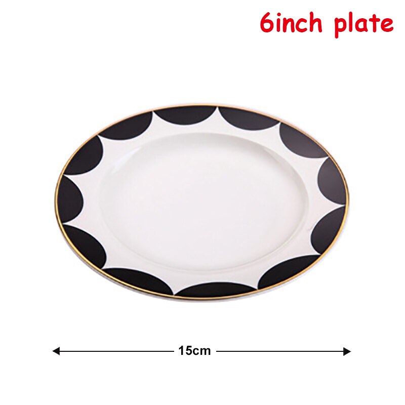 Bone China Servies Set Zwarte En Witte Streep Platte Steak Plaat Koffiekopje En Schotel Dessert Lade Gouden Rand drinkware: 6inch plate