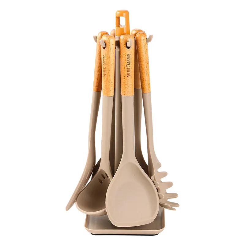 Silicone Kitchenware Cooking Utensils Non-stick Cookware Turner Spatula Spoon Slotted with Wooden Handle Kitchen Cooking Tools: Gris oscuro