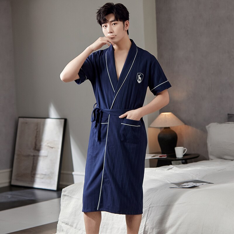 Zomer Gebreide Katoenen Mannen Gewaad Losse L-4XL Mannelijke Badjas Korte Mouwen Casual Zachte Nachtjapon: L