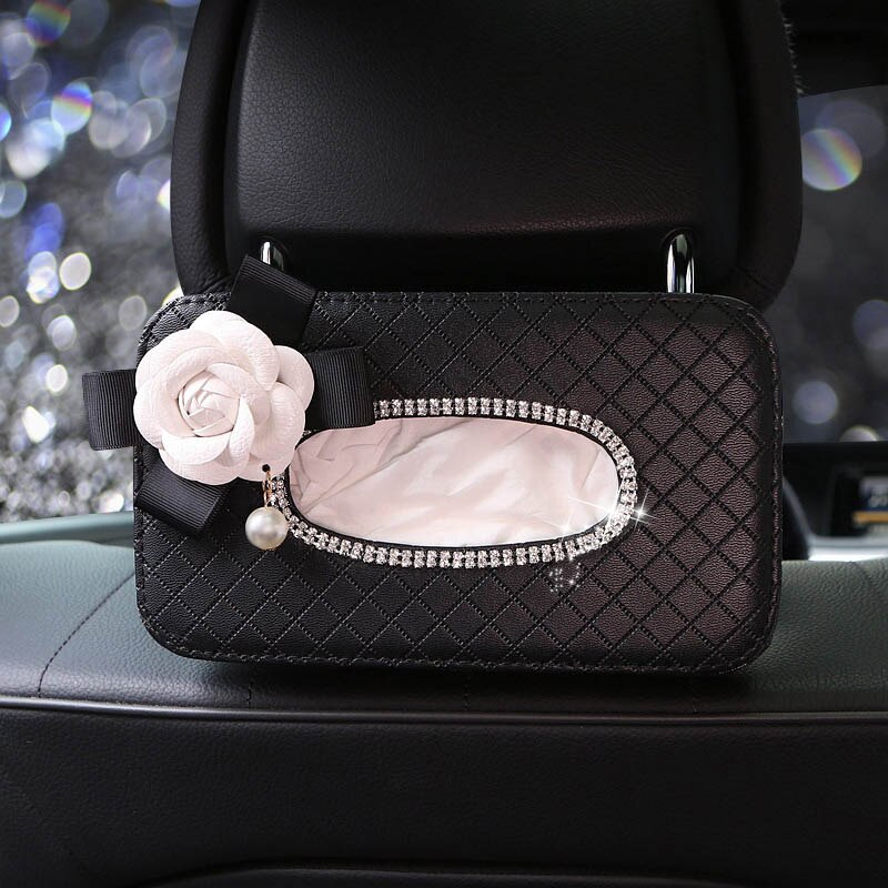 rhinestone bowknot bil vev eske holder auto sete tilbake nakkestøtte henger vev sak organizer krystall bil styling tilbehør: Hvit blomst