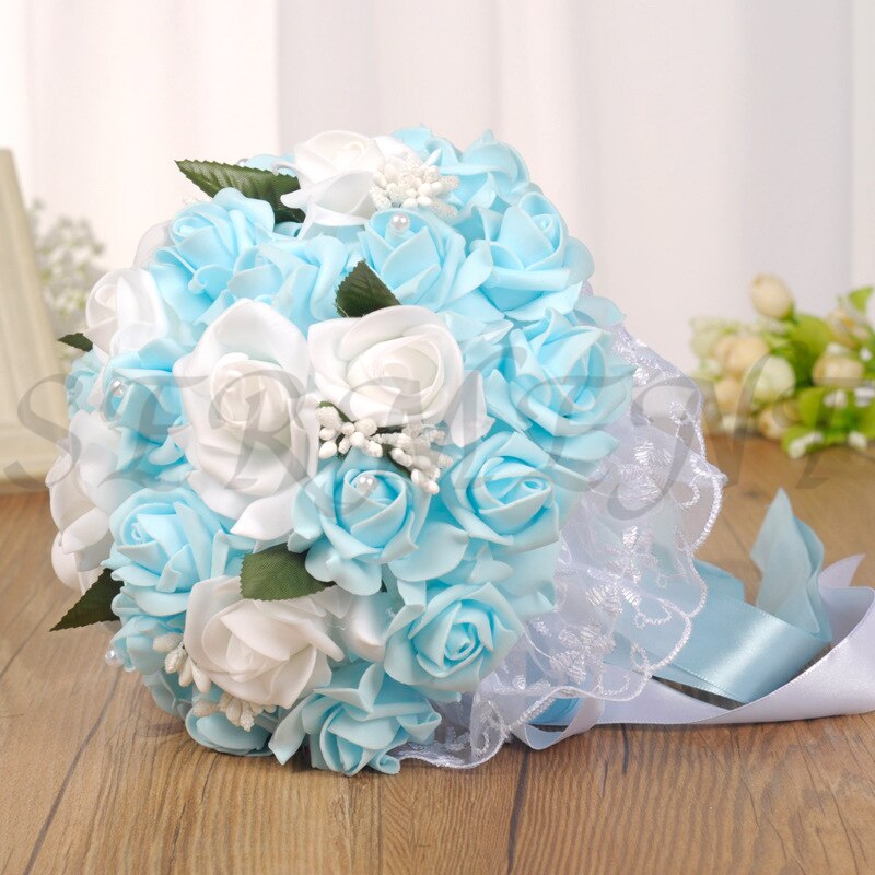 Ramos de novia de flores Artificiales, accesorios de boda, Blanco, Morado, AZUL CIAN, 9,8 pulgadas: Azul