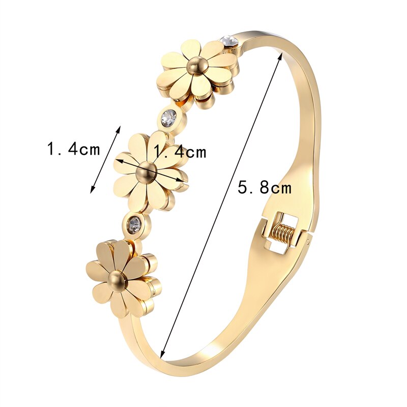 Cute Crystal And 3 Chrysanthemum Shape Bracelets &amp; Bangle Stainless Steel Spring Open Gold Color Bangle For Women Brand Jewelry
