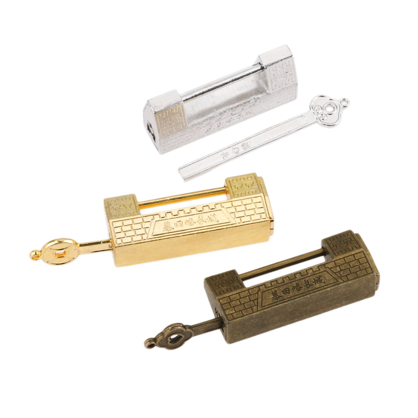 Vintage Slot Met Sleutel Grote Muur Patroon Hangslot Goud/Zilver/Brons Antieke Oude Chinese Sieraden Houten Doos Case lade Kast